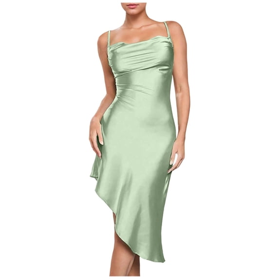 Drses Women's Sexy Spaghetti Strap Satin Midi Dress - V Neck Slip High-Low Cocktail Dress for Evening Party