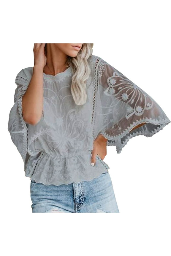 ‌‌ ‌‌‌‌‌‌‌‌‌‌‌‌‌‌‌‌‌‌‌‌‌‌‌‌‌‌‌‌‌‌‌‌‌‌‌‌‌‌‌‌‌‌‌‌‌‌‌‌‌‌‌‌‌‌Women's Sheer Lace Round Neck Blouse - Y2K Short Sleeve Mesh Top with Embroidered Detail for Layering