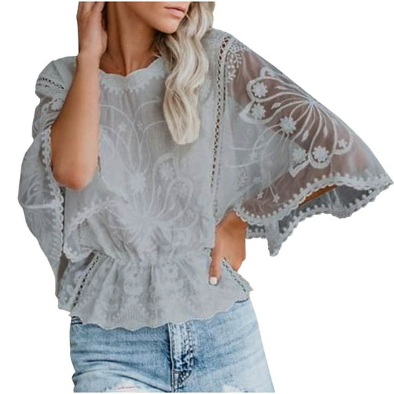 Drses Women's Sheer Lace Round Neck Blouse - Y2K Short Sleeve Mesh Top with Embroidered Detail for Layering
