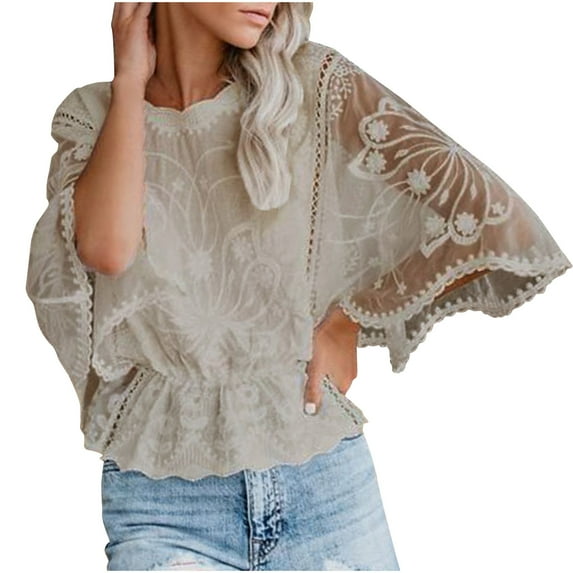 Drses Women's Sheer Lace Round Neck Blouse - Y2K Short Sleeve Mesh Top with Embroidered Detail for Layering