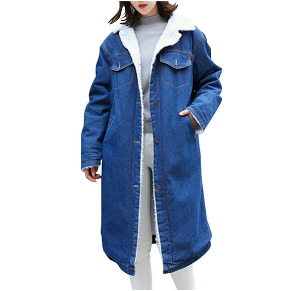 Drses Women's Sherpa Lined Long Denim Jacket with Removable Faux Fur Collar