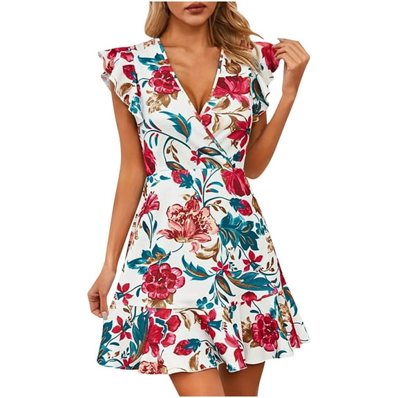 Drses Women's Short Sleeve V Neck Wrap Dress Summer Casual Floral Sundress