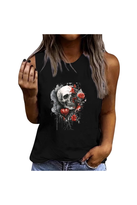 Women's Skull Print Tank Top - Gothic Sugar Skull Graphic Sleeveless Workout Shirt for Summer (Sizes S - 2XL)