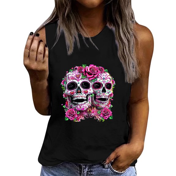 Drses ‌‌Women's Skull Print Tank Top - Gothic Sugar Skull Graphic Sleeveless Workout Shirt for Summer (Sizes S - 2XL)