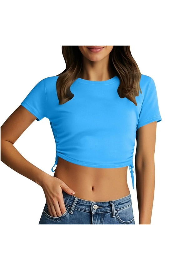 Women's Slim Fit Crop Tops | Short Sleeve Side Tie Drawstring T-Shirts - Stretchy Gym & Casual Round Neck Tees
