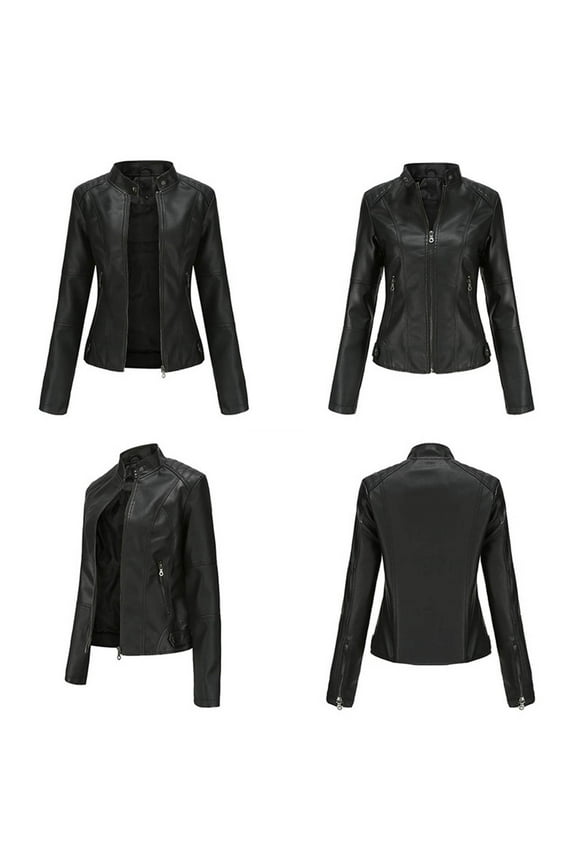 Women's Slim Leather Stand-Up Collar Zipper Stitching Solid Color