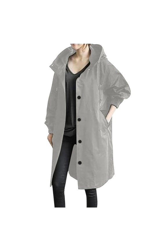 Women's Solid Color Button Pocket Recreational Hooded Long Sleeve Windbreaker Coat Tops