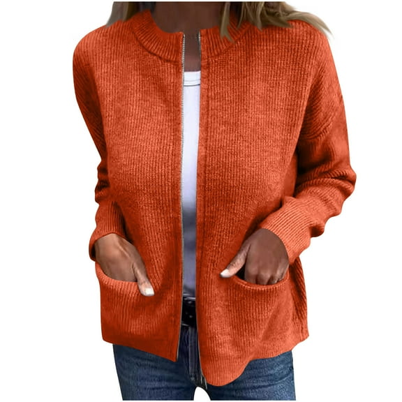Drses Women's Solid Color Knit Jacket - Stylish with Pockets and Zipper