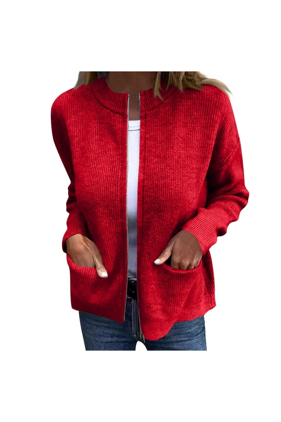 Women's Solid Color Knit Jacket - Stylish with Pockets and Zipper