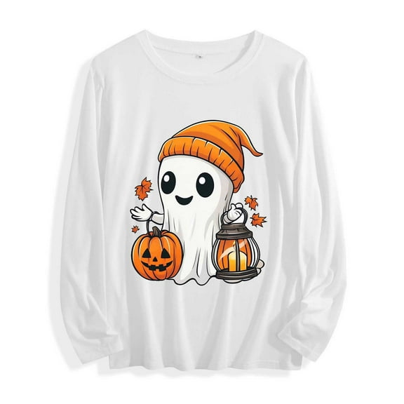 Drses‌‌ ‌‌‌Women's Spooky Crewneck T-Shirt - Cute Ghost Printed Top Halloween Gift Idea Crewneck Long Sleeve Casual Pullover‌ Shirt‌