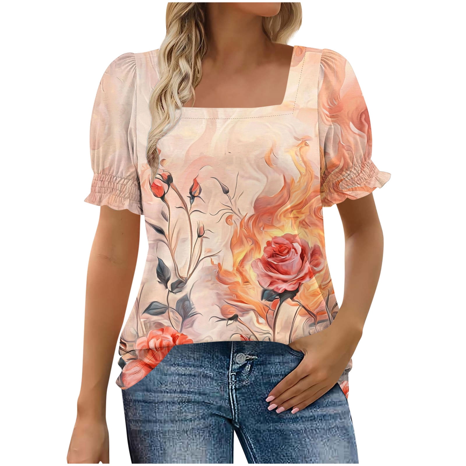 Women's Square-Neck Short-Puff-Sleeve Top Mauve Shadows S