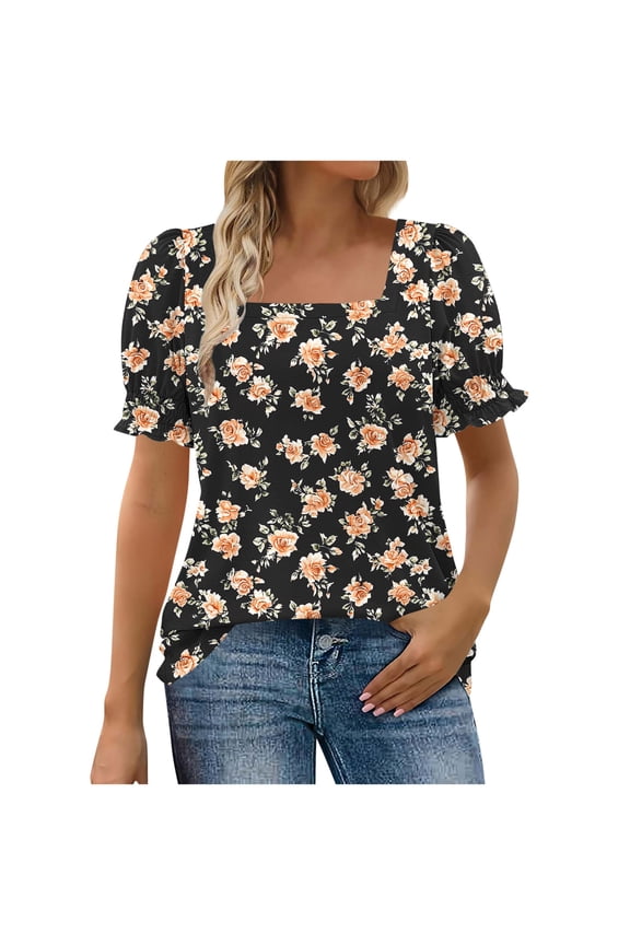 ‌‌ ‌‌‌‌‌‌‌‌‌‌‌‌‌‌‌‌‌‌‌‌‌‌‌‌‌‌‌‌‌‌‌‌‌‌‌‌‌‌‌‌‌‌‌‌‌‌‌‌‌‌‌‌‌Women's Square Neck Puff Sleeve Top - Flowy Short Sleeve Blouse for Summer Casual Wear