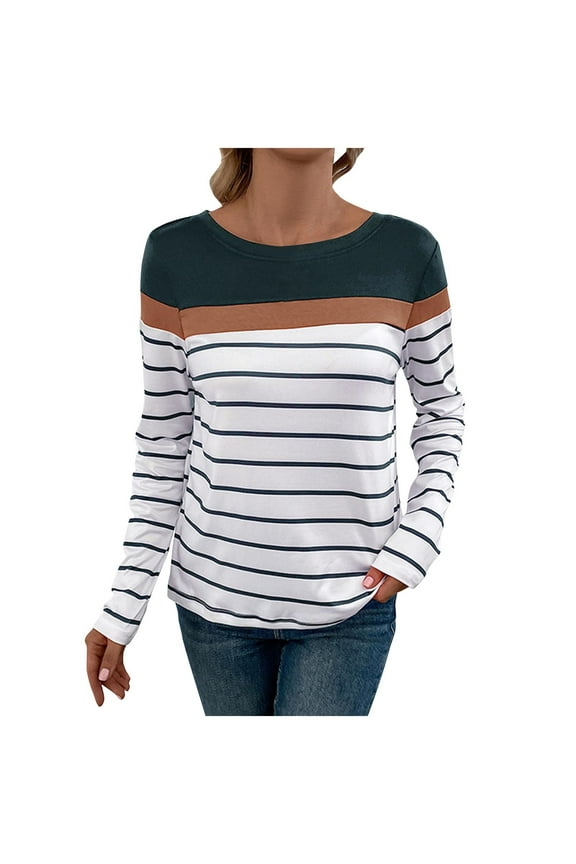 Women's Striped Print Long Sleeve Round Neck Tee Top Colorblock Soft Knit T Shirt Women Tops