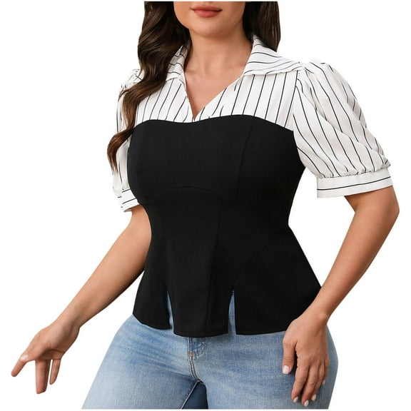 Drses‌‌ ‌‌‌‌‌‌‌‌‌‌‌‌‌‌‌‌‌‌‌‌‌‌‌‌‌‌‌‌‌‌‌‌‌‌‌‌‌‌‌‌‌‌‌‌‌‌‌‌‌‌‌‌‌Women's Striped Turndown Collar Blouse - Short Sleeve Split Hem 2-in-1 Top for Summer Casual Wear