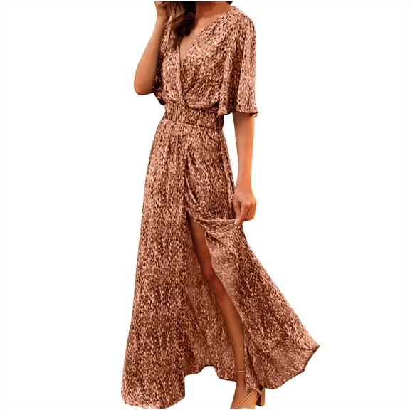 Drses Women's Summer Boho Button Up V Neck Floral Print Roll Up Causal Split Beach Midi Short Sleeved Dresses