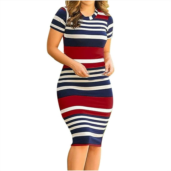Drses Women's Summer Round Neck Bodycon Maxi Dresses 2024 Casual Short Sleeved Ribbed Knit Striped Beach Vacation Long Dress