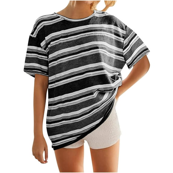 Drses Women's Summer T-shirt Striped Short Sleeved Round Neck Casual Loose Shoulder Versatile T-shirt