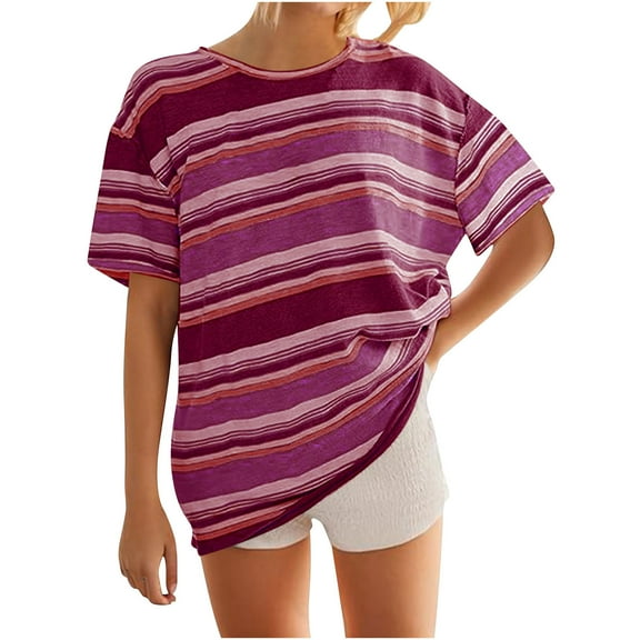 Drses Women's Summer T-shirt Striped Short Sleeved Round Neck Casual Loose Shoulder Versatile T-shirt