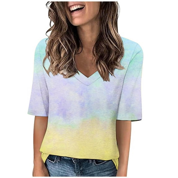 Drses Women's Summer Trendy Ruffle 1/2 Sleeve Boho Floral Print Tunic Top Flowy Casual V Neck Blouse Shirt Plus Size