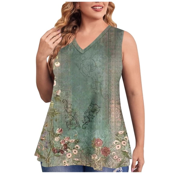 Drses Women's Tank Tops Women's Fashion Plus Size Printed V-Neck Loose Sleeveless T-shirt Pullover Tops Womens Summer Tops
