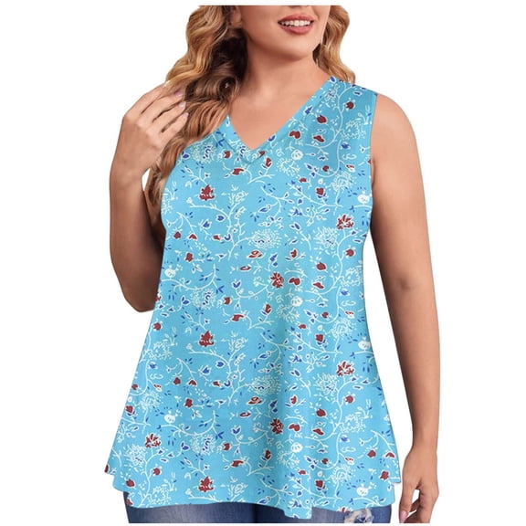 Drses Women's Tank Tops Women's Fashion Plus Size Printed V-Neck Loose Sleeveless T-shirt Pullover Tops Womens Summer Tops