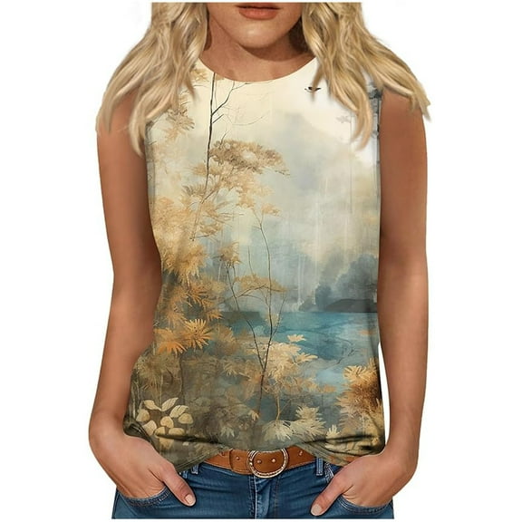 Drses Women's Tank Tops Women's Summer Casual Fashion Comfort Printing Loose Round Neck Sleeveless Womens Summer Tops