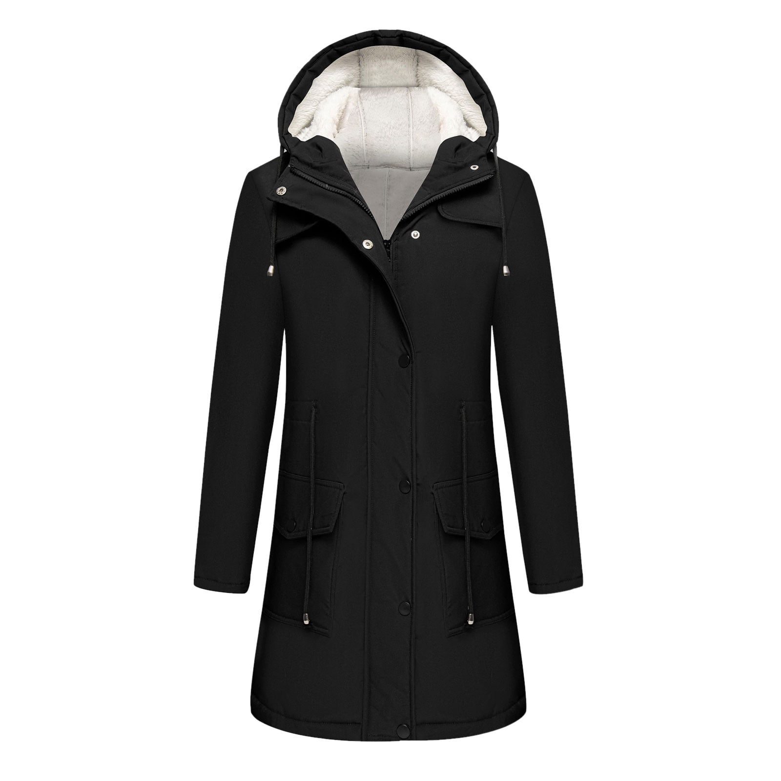 Black Striped Warm Fleece Womens Parka Hooded Winter