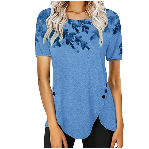 Drses Women's Tops and Blouses Summer Casual Crewneck Short Sleeve Tunics Plus Size Loose Fitting Floral Shirts Trendy