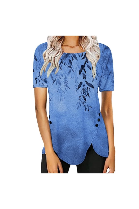 Women's Tops and Blouses Summer Casual Crewneck Short Sleeve Tunics Plus Size Loose Fitting Floral Shirts Trendy