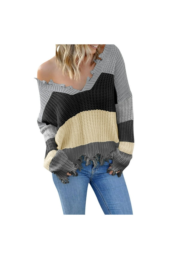 Women's V Neck Knitted Long Sleeve Striped Color Block Sweater Ripped Pullover Sweaters Crop Top Knit Jumper