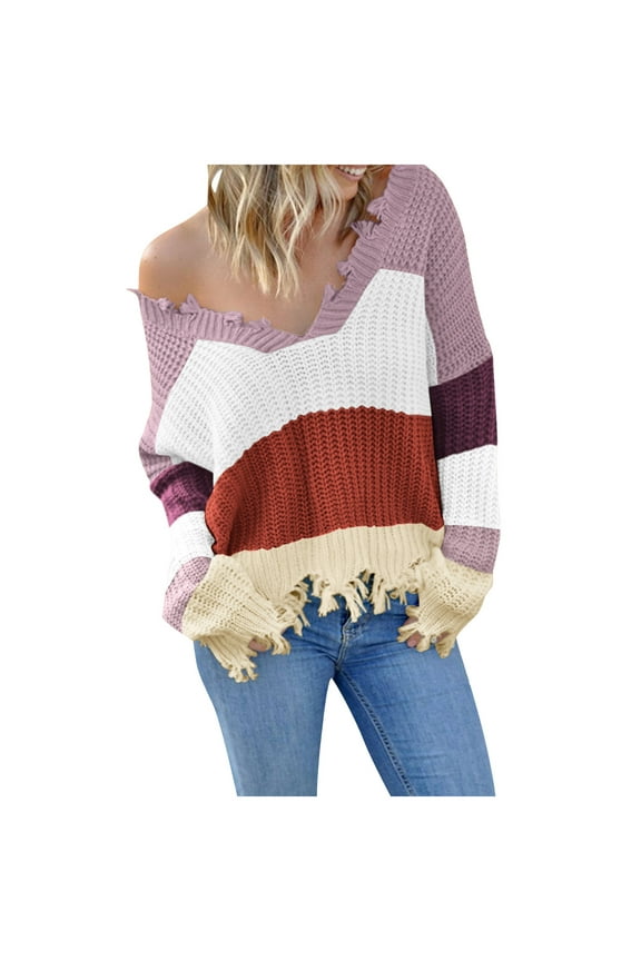 Women's V Neck Knitted Long Sleeve Striped Color Block Sweater Ripped Pullover Sweaters Crop Top Knit Jumper