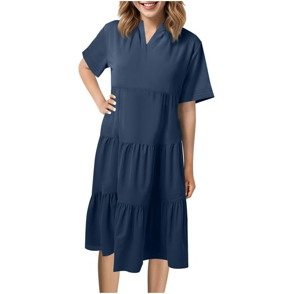 Drses Women's V Neck Short Sleeve Summer Dress with Pockets - Flowy Ruffle Tiered A-Line Sundress for Casual Beach