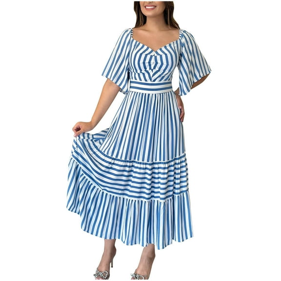 Drses‌‌ ‌‌‌‌‌‌‌‌‌‌‌Women's V-Neck Striped Maxi Dress - Smocked Waist Short Sleeve Tiered Dress for Beach & Casual