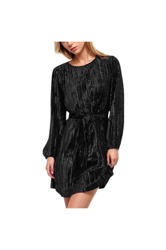 Women's Velvet Cocktail Dress Fall Fashion Lantern Sleeve High Waist A-Line Skater Party Dresses