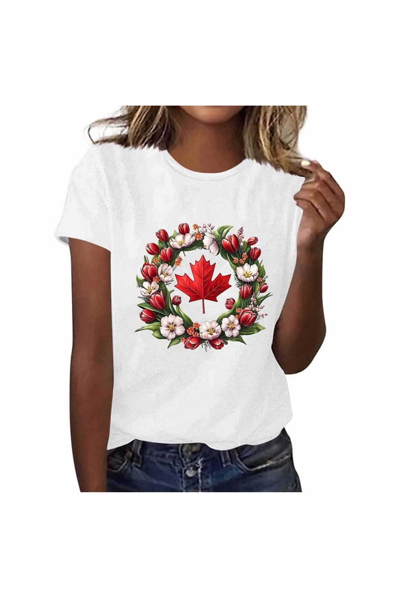 ‌‌ ‌‌‌‌‌‌‌‌‌‌‌‌‌‌‌‌‌‌Women's Vintage Boho Floral Print Round Neck T-Shirt - Short Sleeve Casual Top with Wildflower & Maple Leaf Design