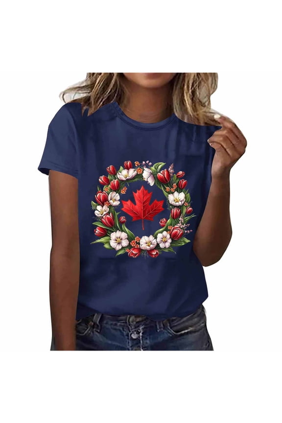 ‌‌ ‌‌‌‌‌‌‌‌‌‌‌‌‌‌‌‌‌‌Women's Vintage Boho Floral Print Round Neck T-Shirt - Short Sleeve Casual Top with Wildflower & Maple Leaf Design