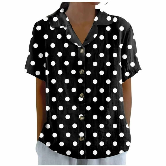 Drses‌‌ ‌‌‌‌‌‌‌‌‌‌‌‌‌‌‌‌‌Women's Vintage Polka Dot Shirt - Button Down Lapel Collar Short Sleeve Top for Dressy Casual Wear