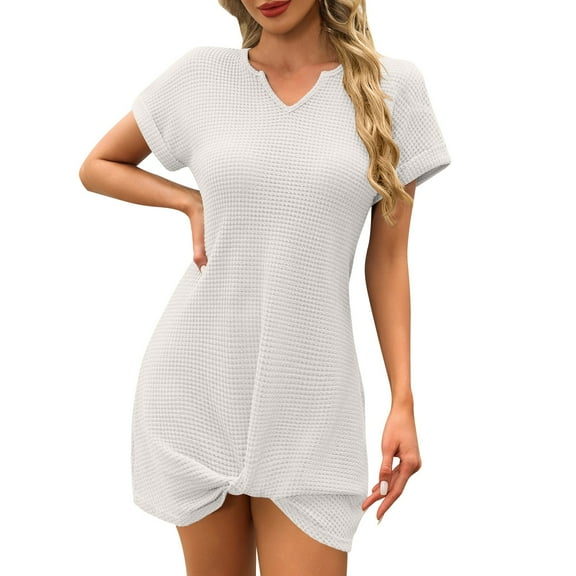 Drses‌‌ ‌‌‌‌‌‌‌‌‌‌‌‌‌‌‌‌Women's Waffle Knit Twist Cover Up Dress - Short Sleeve V Neck Swimsuit Beach Mini Dress