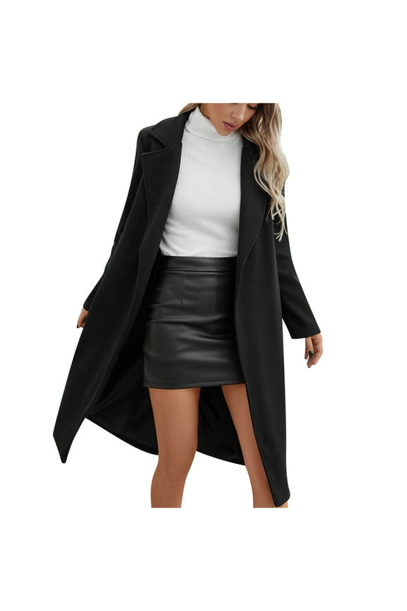 Women's Wool Blend Long Trench Coat Elegant Notched Lapel Coat Jacket Casual Fall Winter Overcoat with Belt