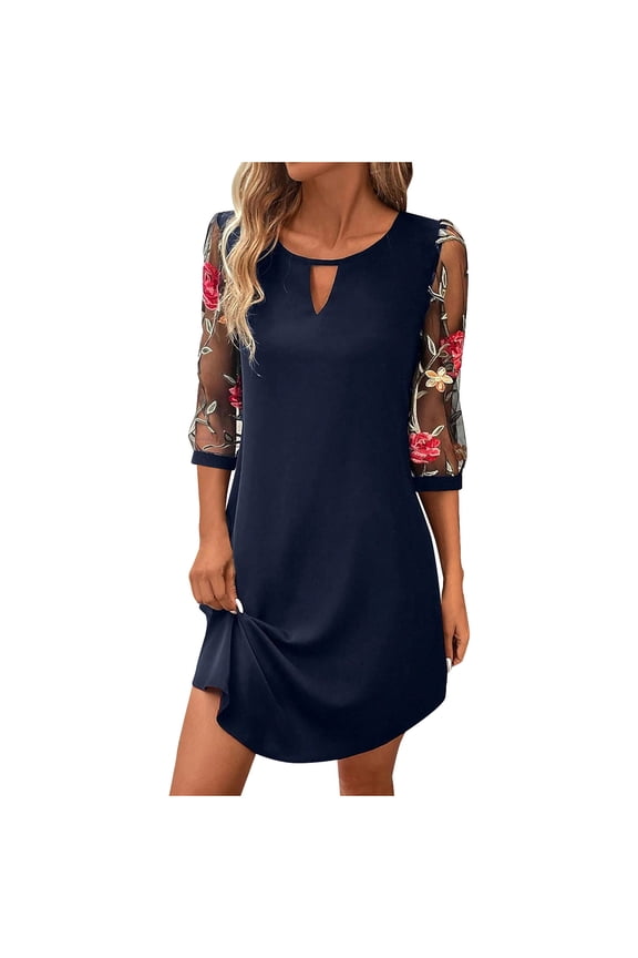 Drses Womens Boho Summer Dresses Midi Dress With 3/4 Sleeve Floral Embroidery Casual Knee-Length A-Line Dresses Athletic Dress For Women
