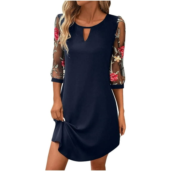 Drses Womens Boho Summer Dresses Midi Dress With 3/4 Sleeve Floral Embroidery Casual Knee-Length A-Line Dresses Athletic Dress For Women