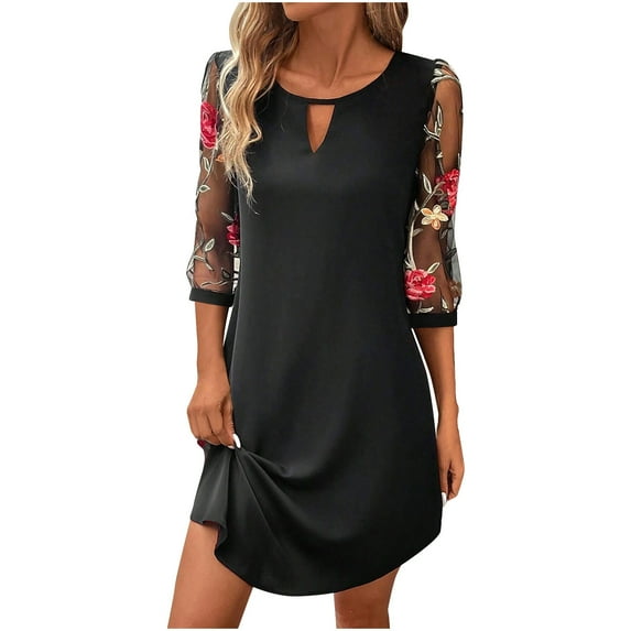 Drses Womens Boho Summer Dresses Midi Dress With 3/4 Sleeve Floral Embroidery Casual Knee-Length A-Line Dresses Athletic Dress For Women