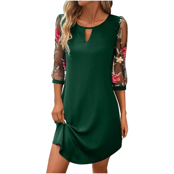 Drses Womens Boho Summer Dresses Midi Dress With 3/4 Sleeve Floral Embroidery Casual Knee-Length A-Line Dresses Athletic Dress For Women