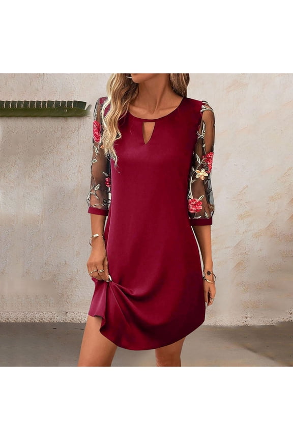 Drses Womens Boho Summer Dresses Midi Dress With 3/4 Sleeve Floral Embroidery Casual Knee-Length A-Line Dresses Athletic Dress For Women