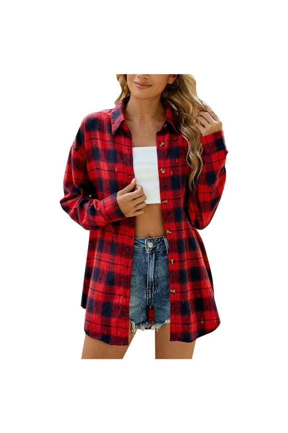 Womens Buffalo Plaid Flannel Shirt Long Sleeve Collar Button Down Blouses Tops