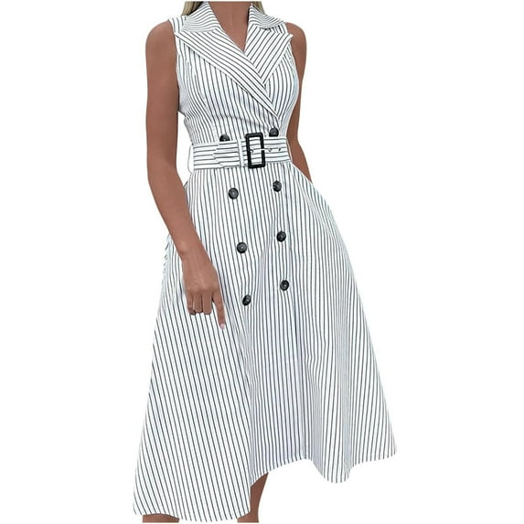 Drses Womens Casual Midi Dresses Solid V Neck Sleeveless Button Shirt Belted Dress with Pockets Women Summer Casual Sleeveless Dress