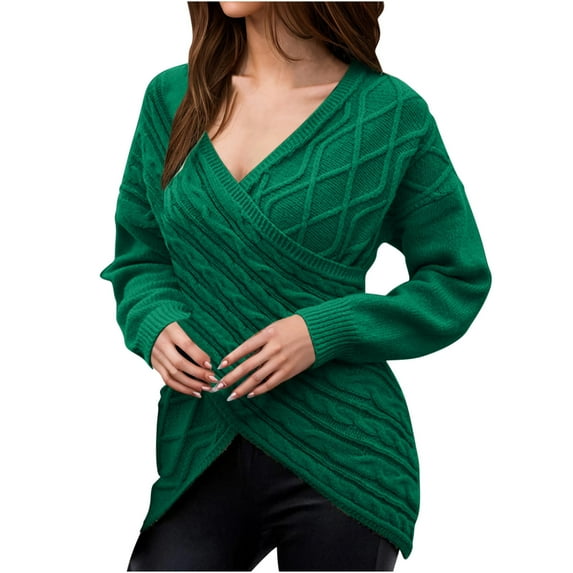 Drses Womens Casual V Neck Long Sleeve Sweaters Cross Wrap Front Cable Knit Pullover Sweater Jumper Tops