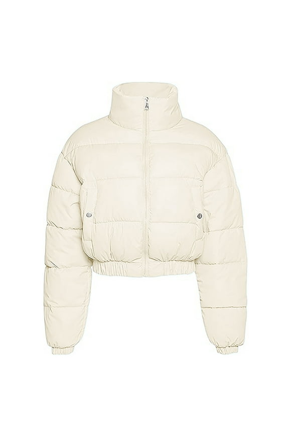 Womens Cropped Puffer Jacket Warm Winter Padded Quilted Long Sleeve Zip Up Casual Short Bubble Coat with Pockets