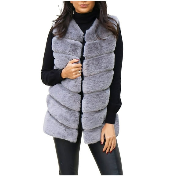 Drses Womens Faux Fur Winter Coats Sleeveless Warm Jacket Sherpa Vest Plus Size Fuzzy Fleece Long Coat Outerwear with Pocket