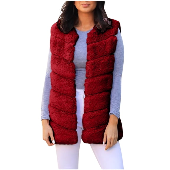Drses Womens Faux Fur Winter Coats Sleeveless Warm Jacket Sherpa Vest Plus Size Fuzzy Fleece Long Coat Outerwear with Pocket